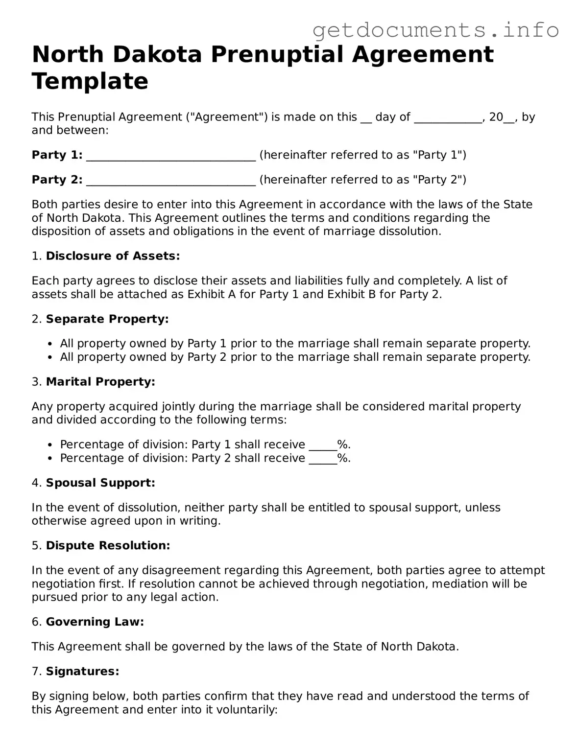 Free Prenuptial Agreement Template for North Dakota