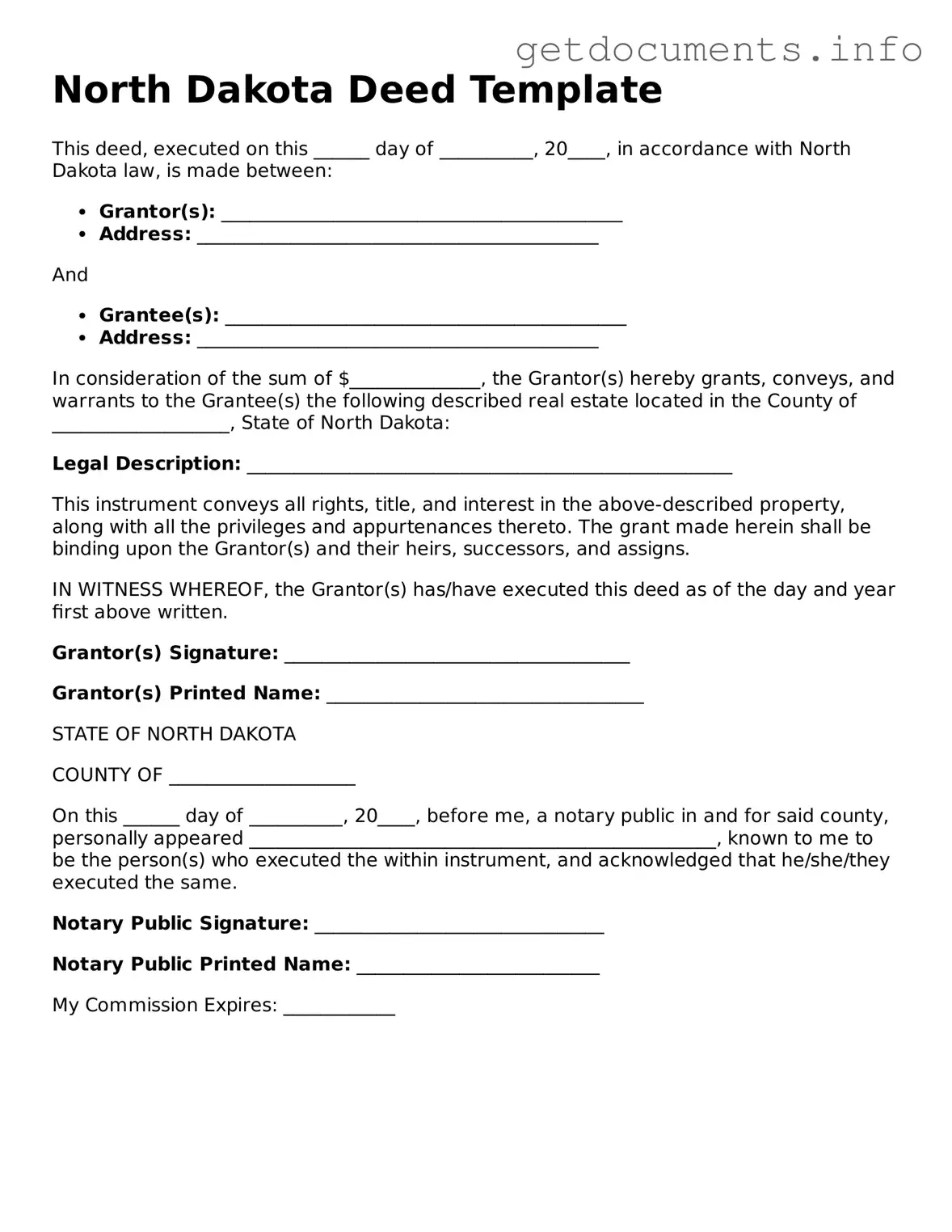 Free  Deed Template for North Dakota