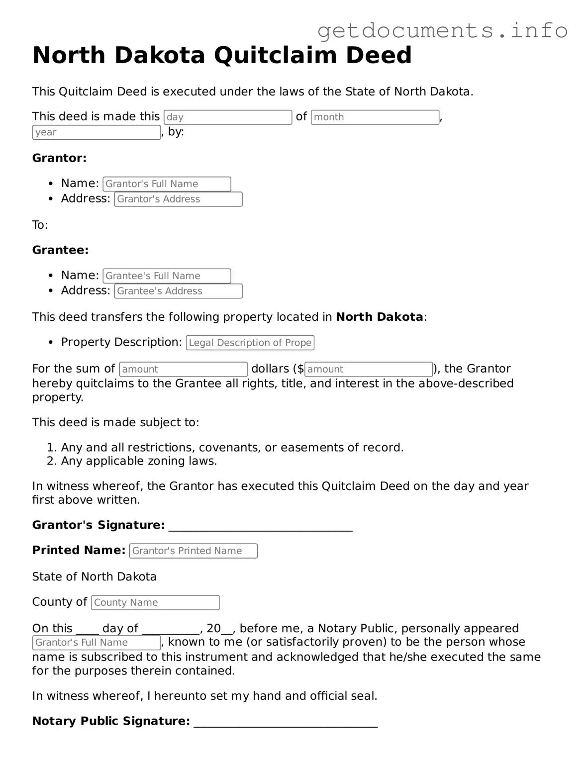 Free Quitclaim Deed Template for North Dakota