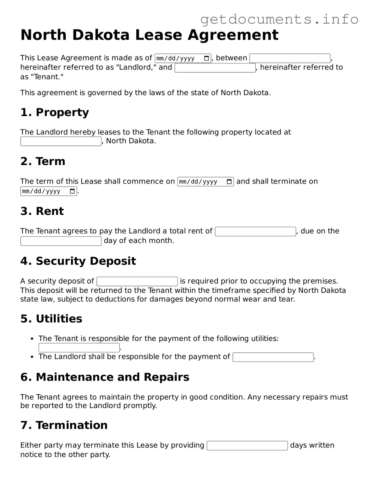 Free  Lease Agreement Template for North Dakota