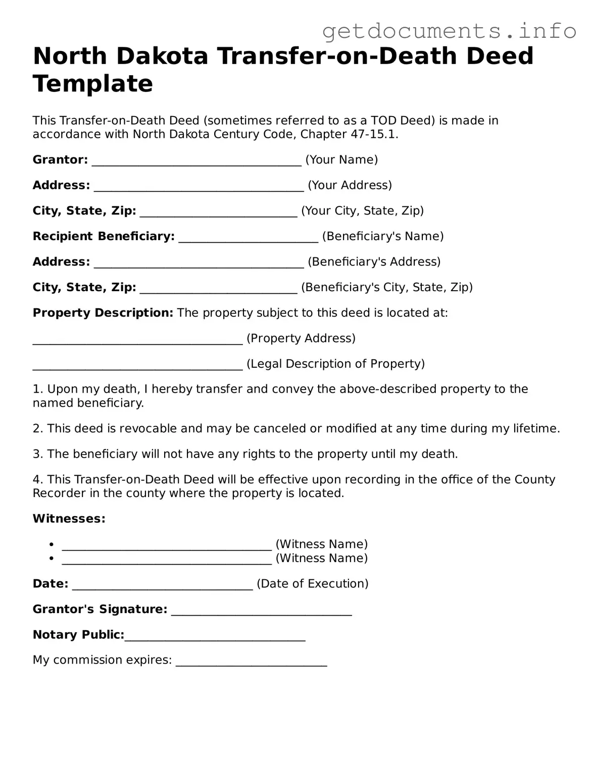 Free Transfer-on-Death Deed Template for North Dakota