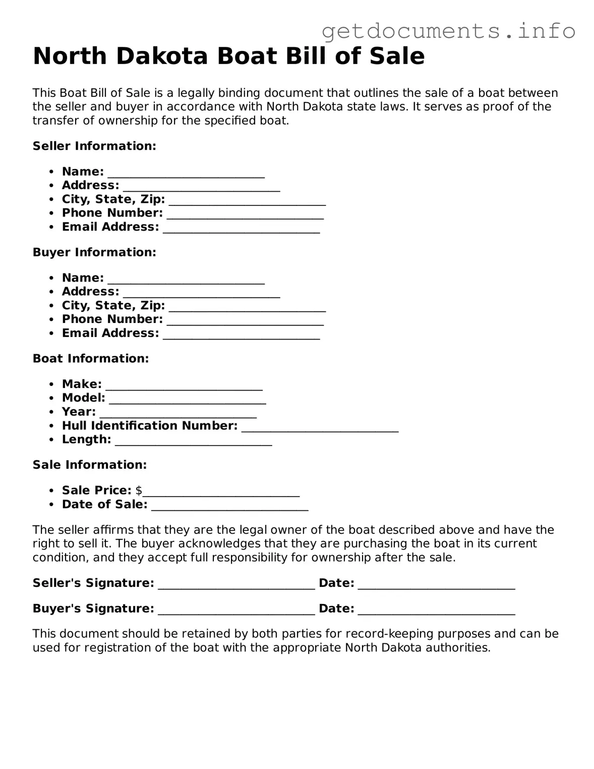 Free  Boat Bill of Sale Template for North Dakota