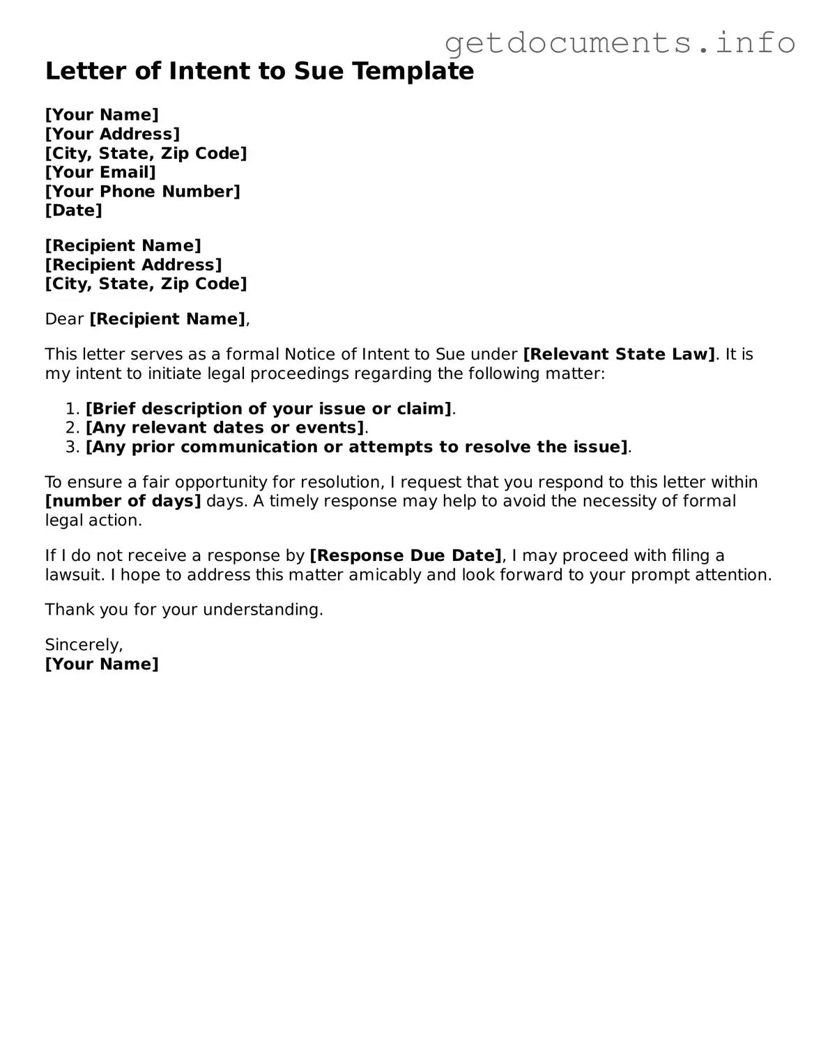Printable Letter of Intent to Sue Document