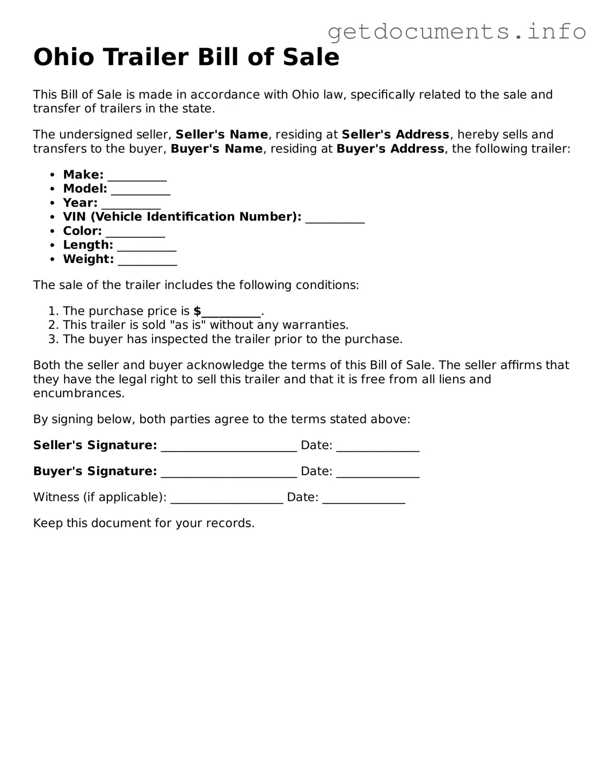 Free Trailer Bill of Sale Template for Ohio