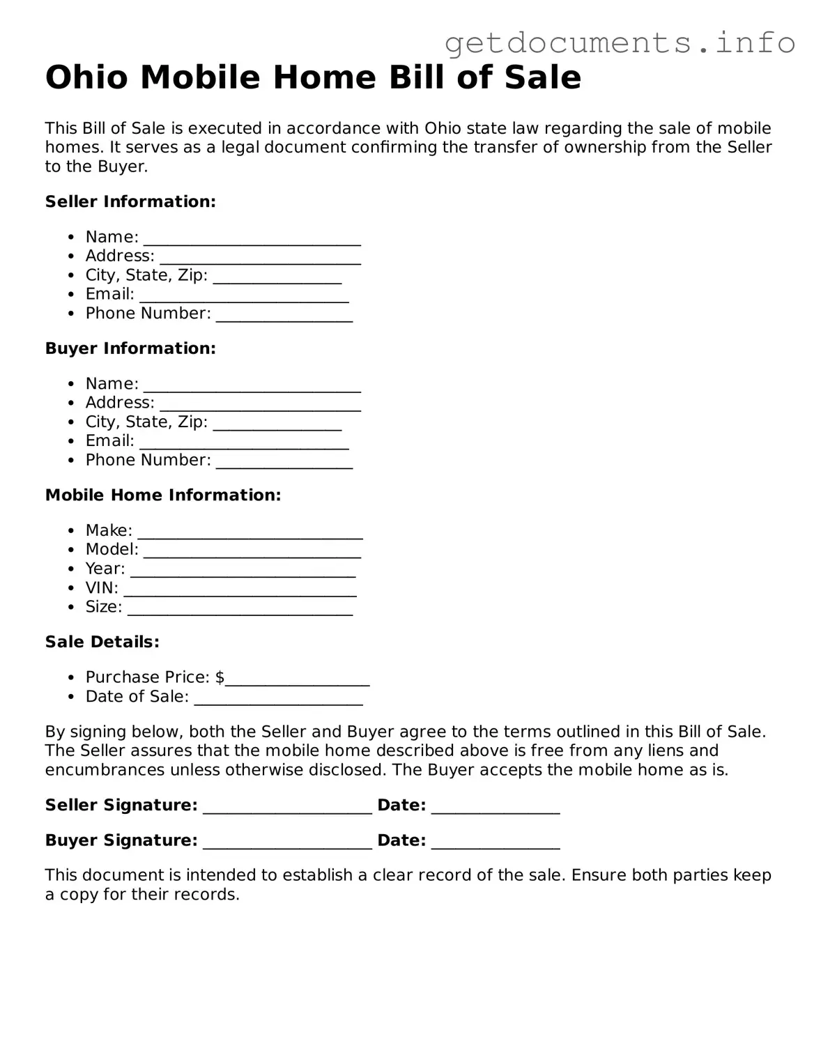 Free Mobile Home Bill of Sale Template for Ohio