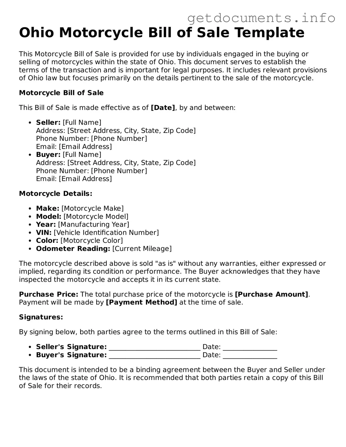 Free  Motorcycle Bill of Sale Template for Ohio