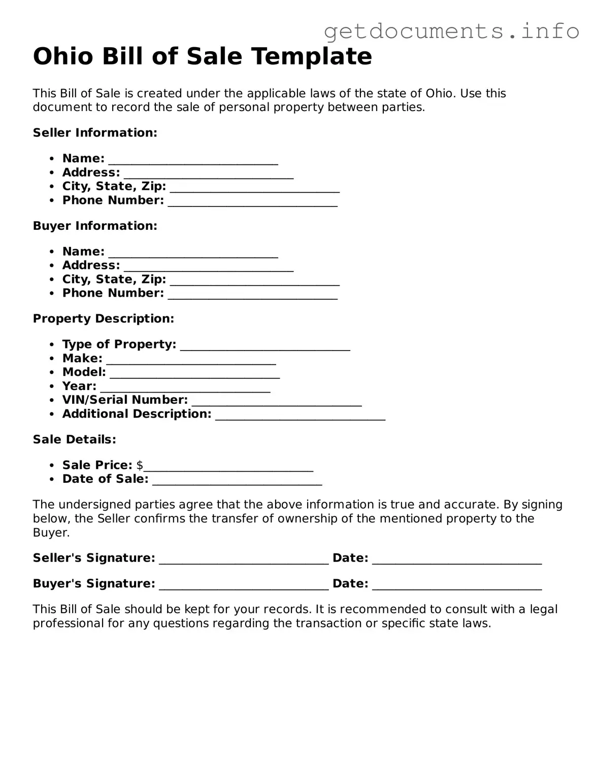 Free  Bill of Sale Template for Ohio