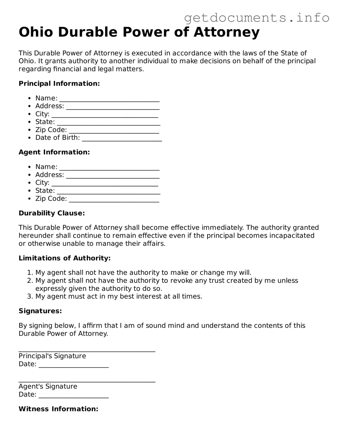 Free Durable Power of Attorney Template for Ohio