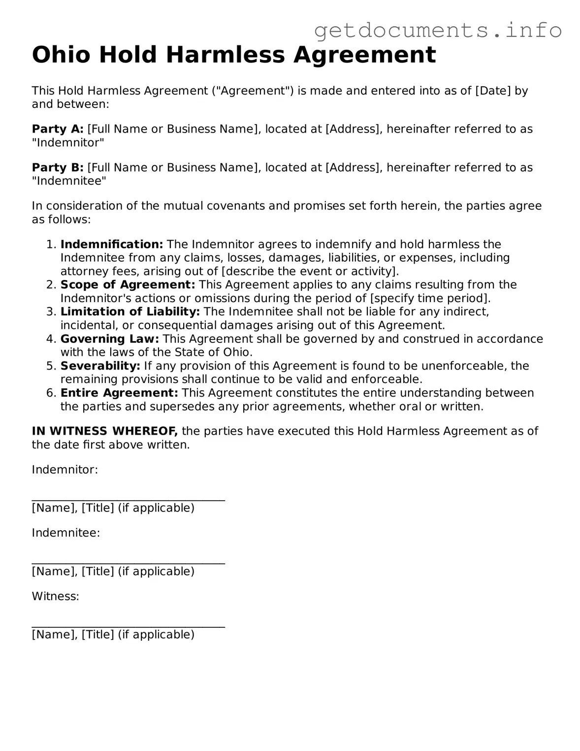 Free  Hold Harmless Agreement Template for Ohio