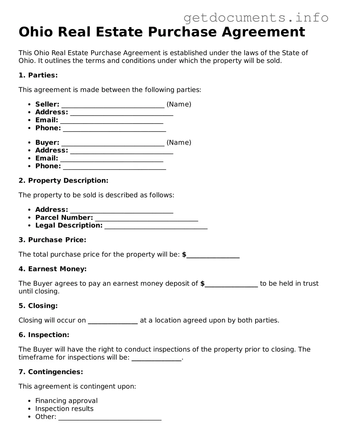 Free  Real Estate Purchase Agreement Template for Ohio