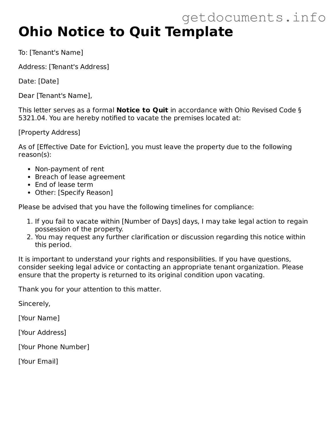 Free Notice to Quit Template for Ohio