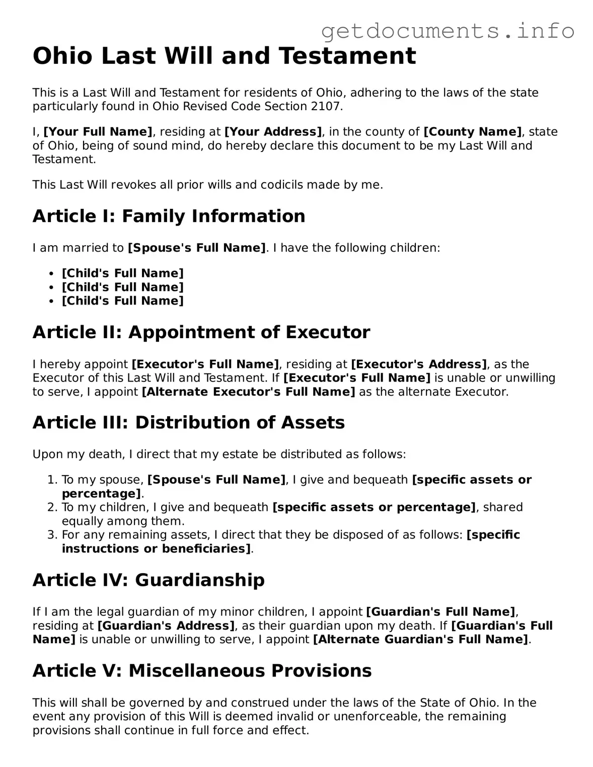 Free Last Will and Testament Template for Ohio