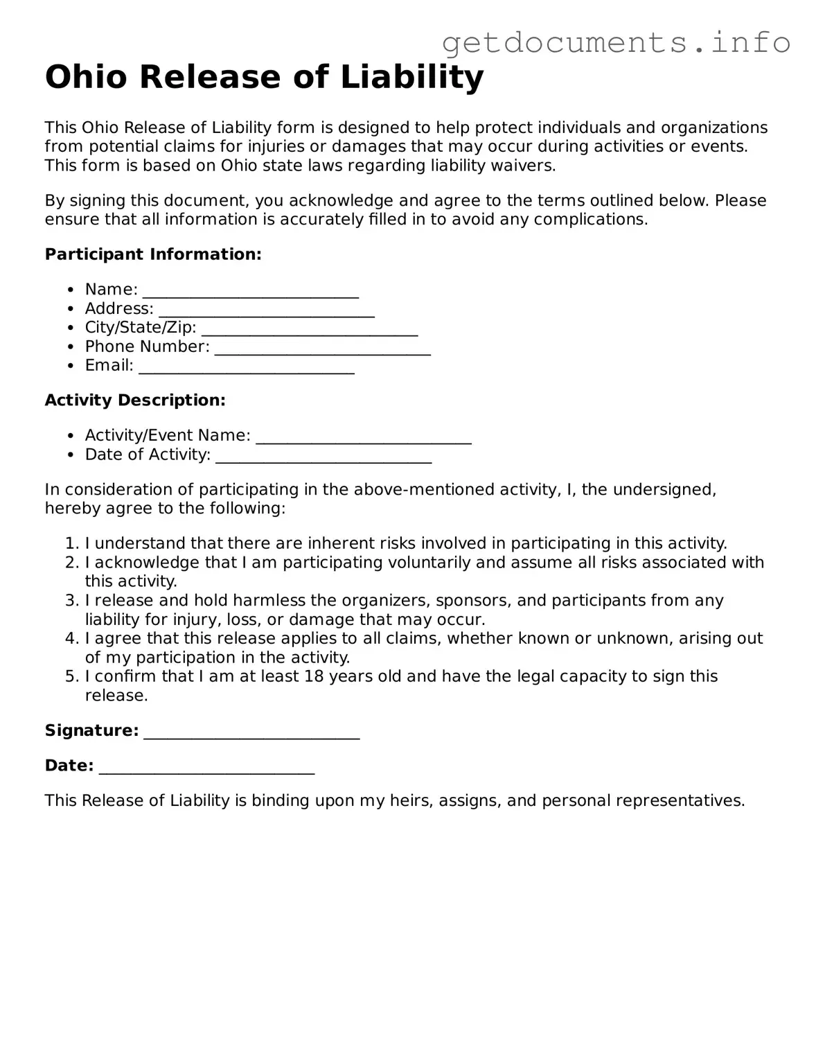 Free  Release of Liability Template for Ohio
