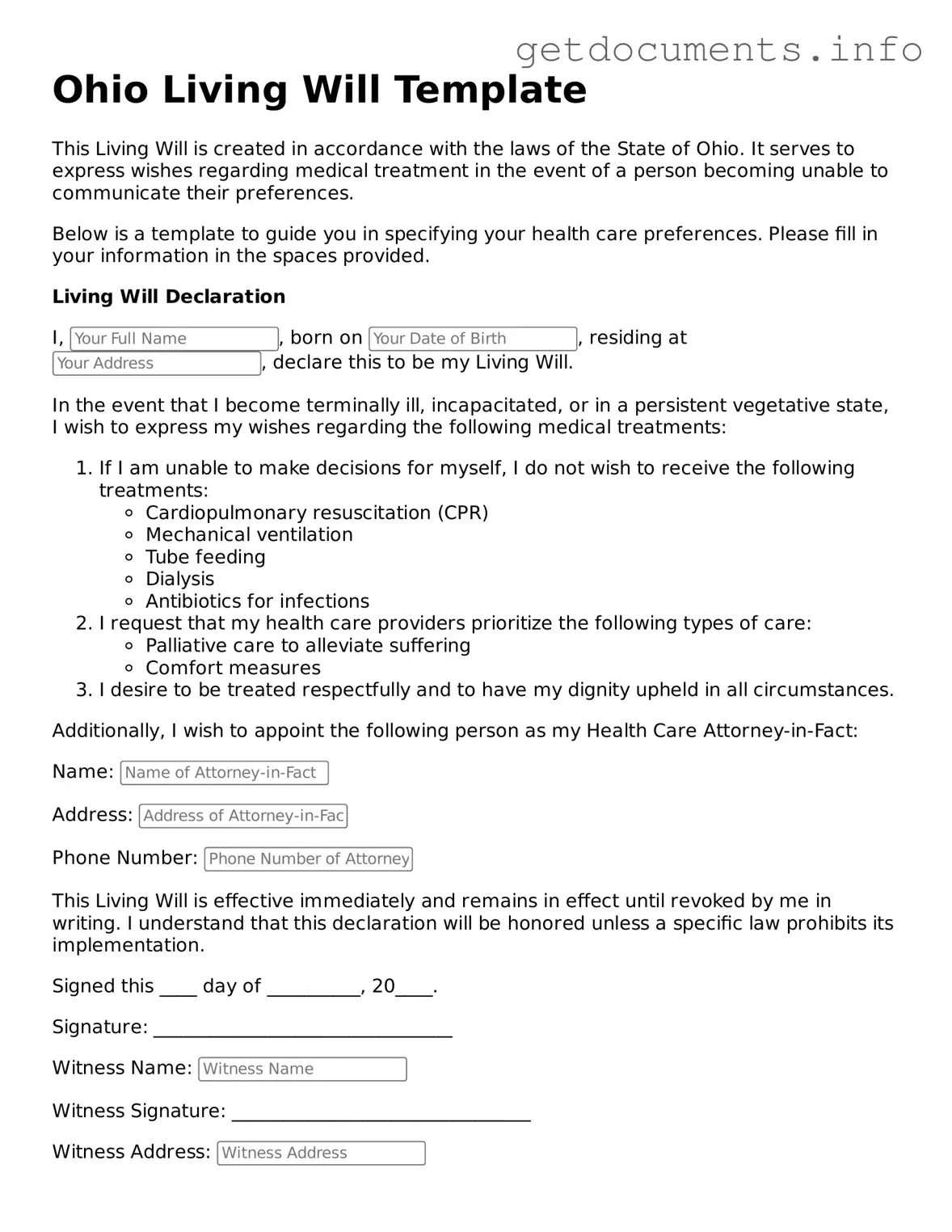 Free Living Will Template for Ohio