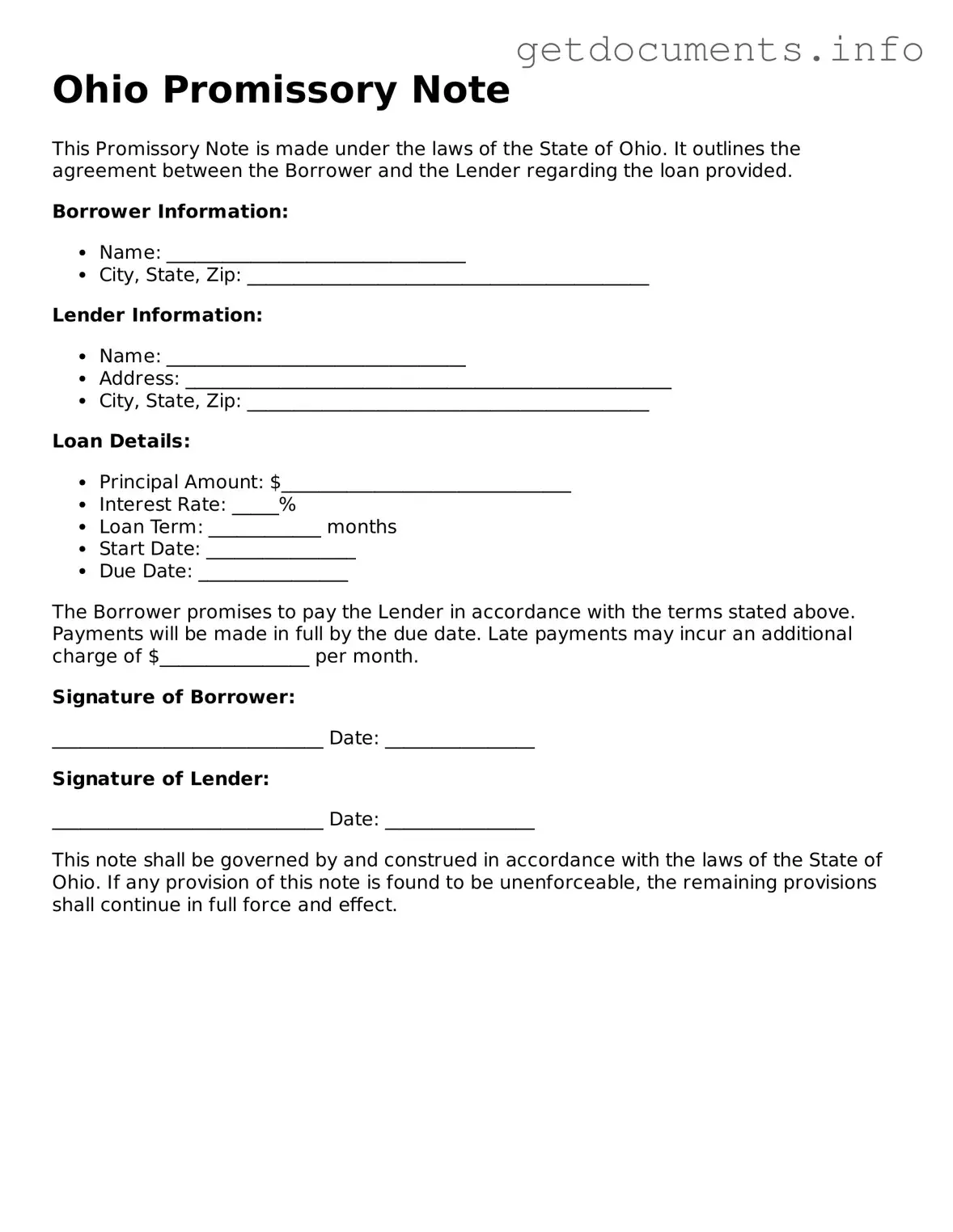 Free Promissory Note Template for Ohio
