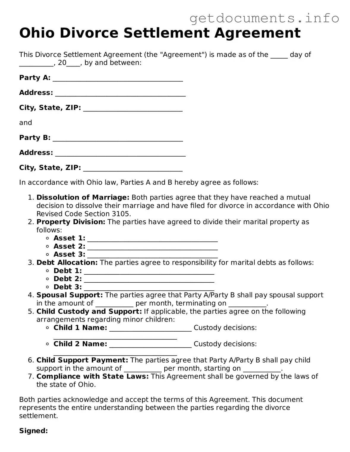 Free Divorce Settlement Agreement Template for Ohio