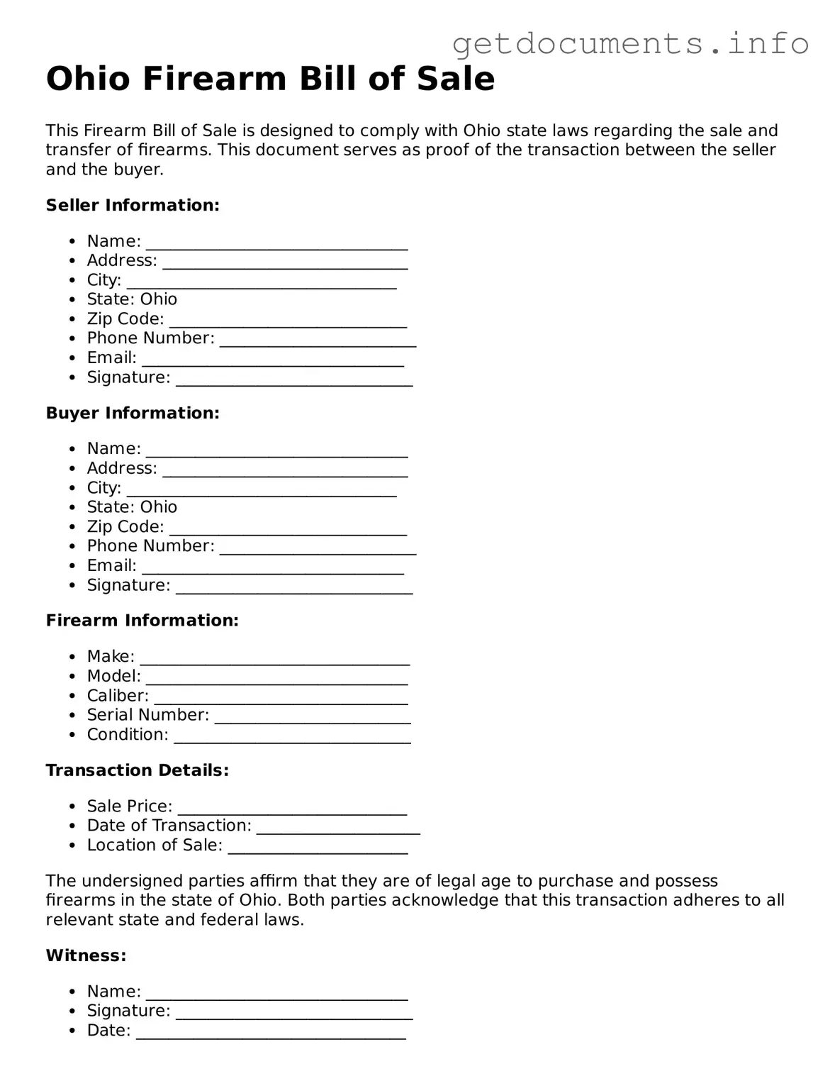 Free  Firearm Bill of Sale Template for Ohio