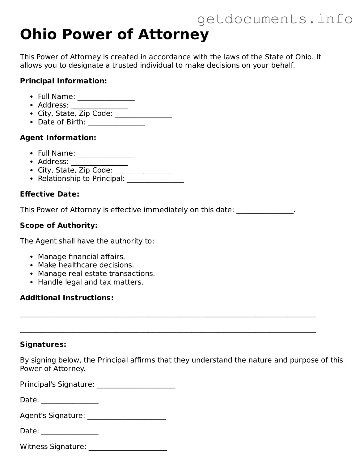 Free Power of Attorney Template for Ohio
