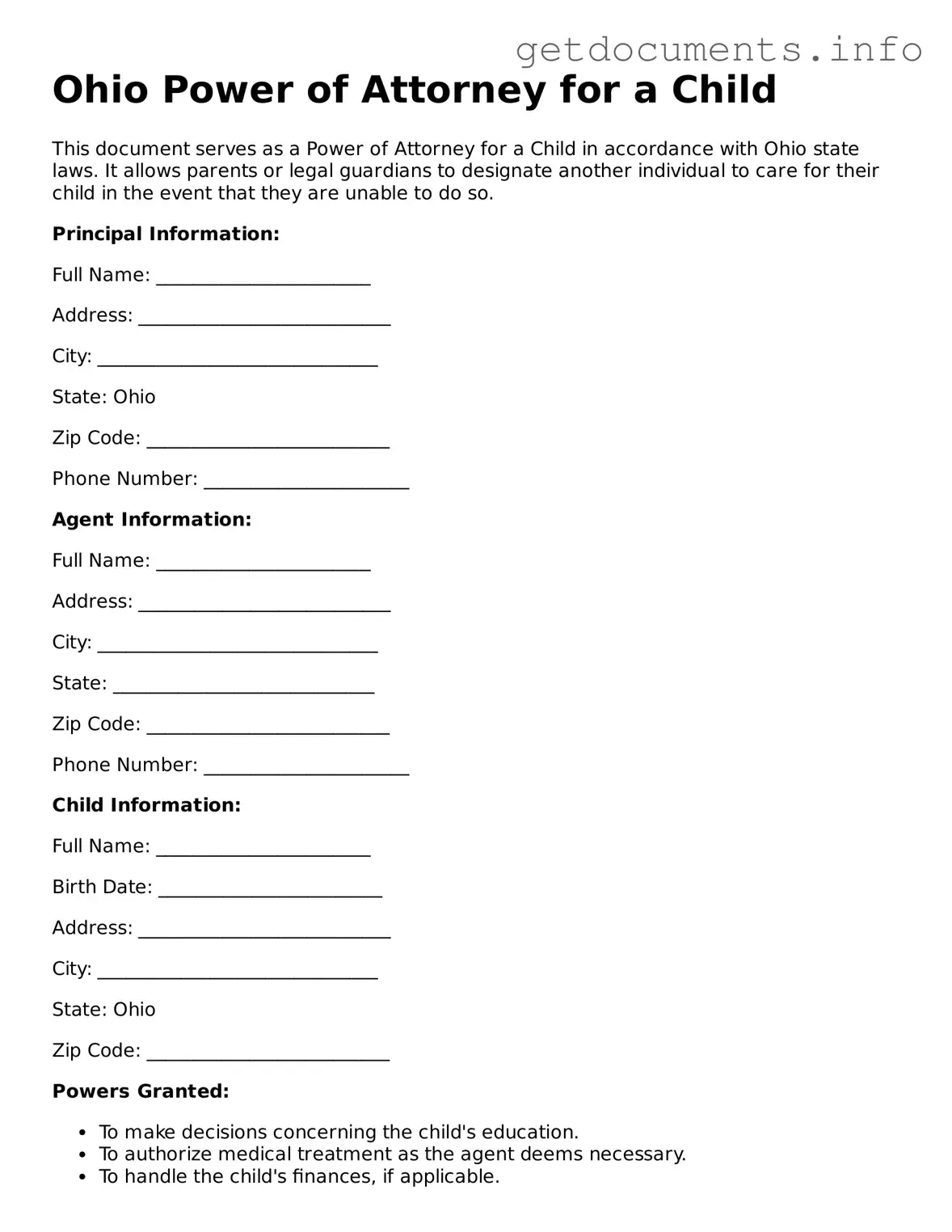 Free Power of Attorney for a Child Template for Ohio