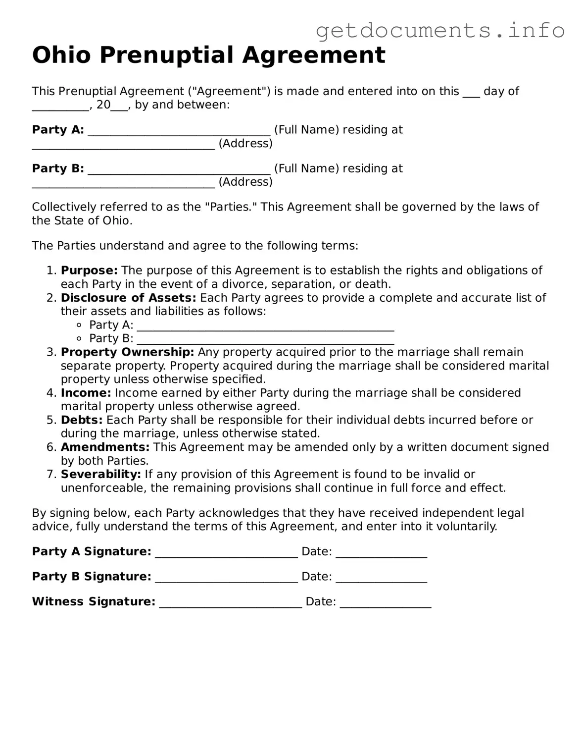 Free  Prenuptial Agreement Template for Ohio