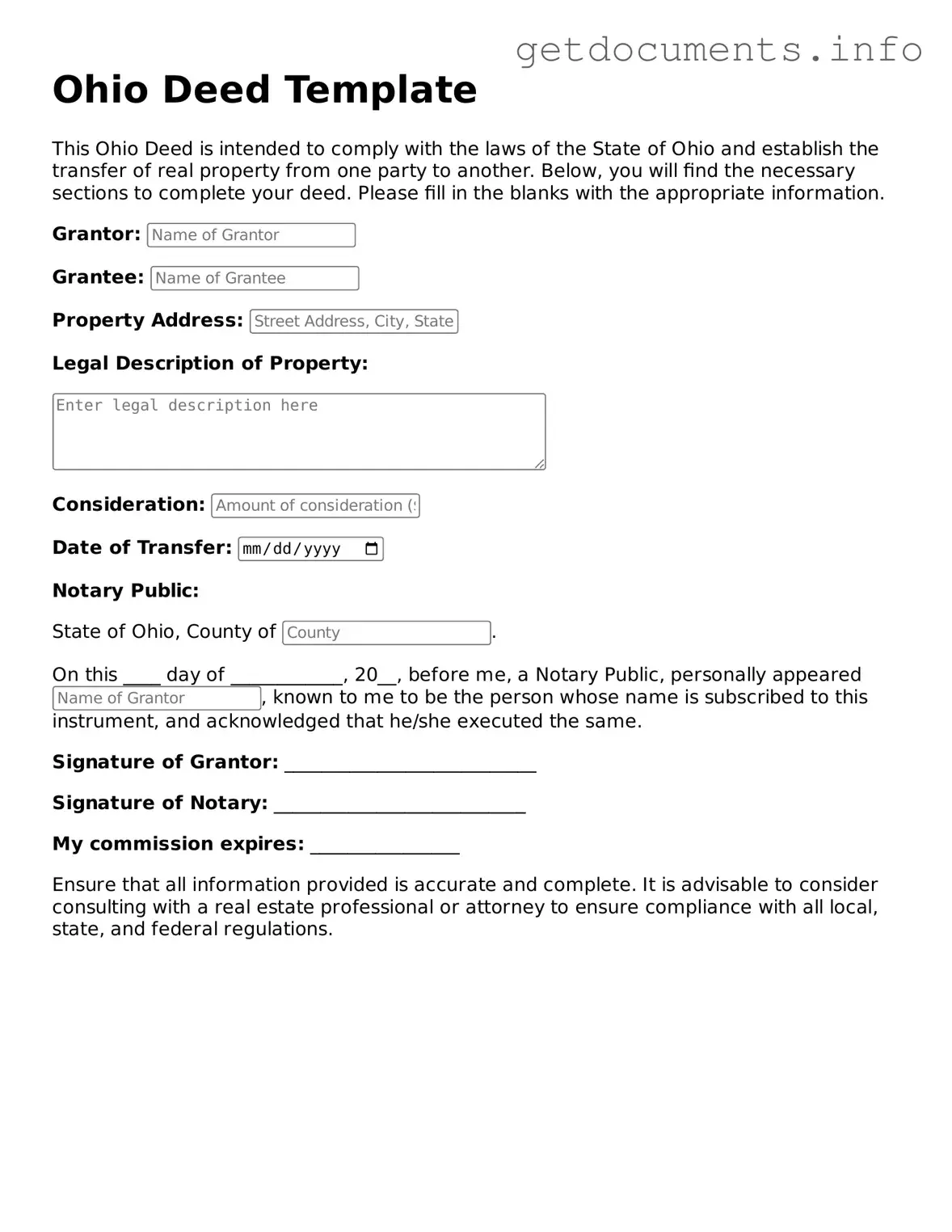 Free  Deed Template for Ohio