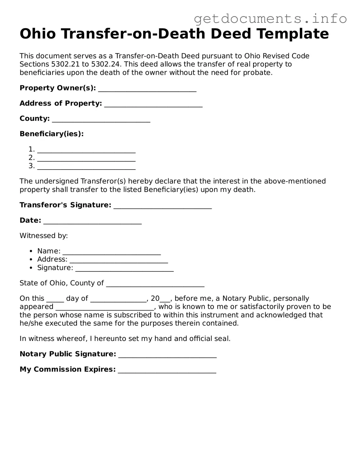 Free Transfer-on-Death Deed Template for Ohio