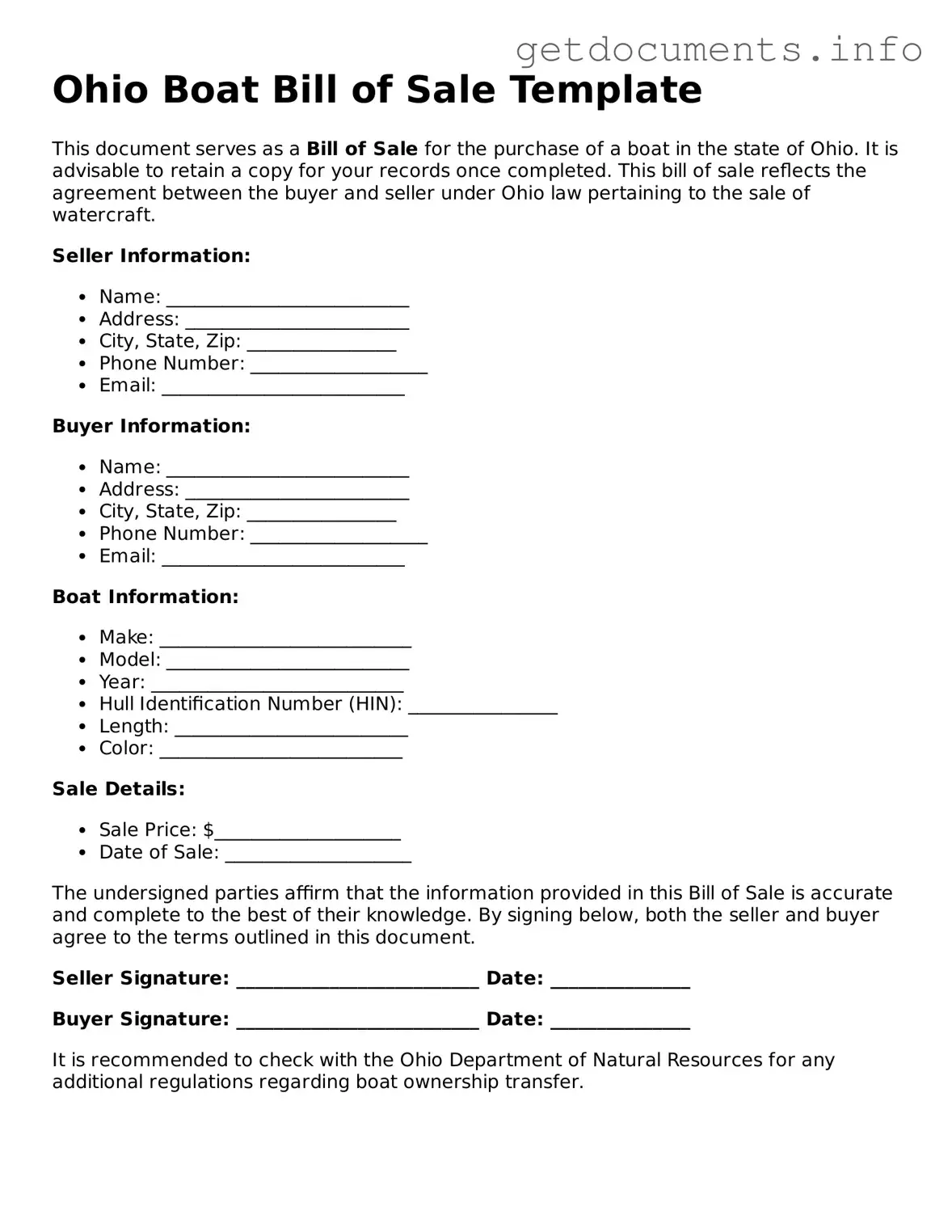 Free  Boat Bill of Sale Template for Ohio