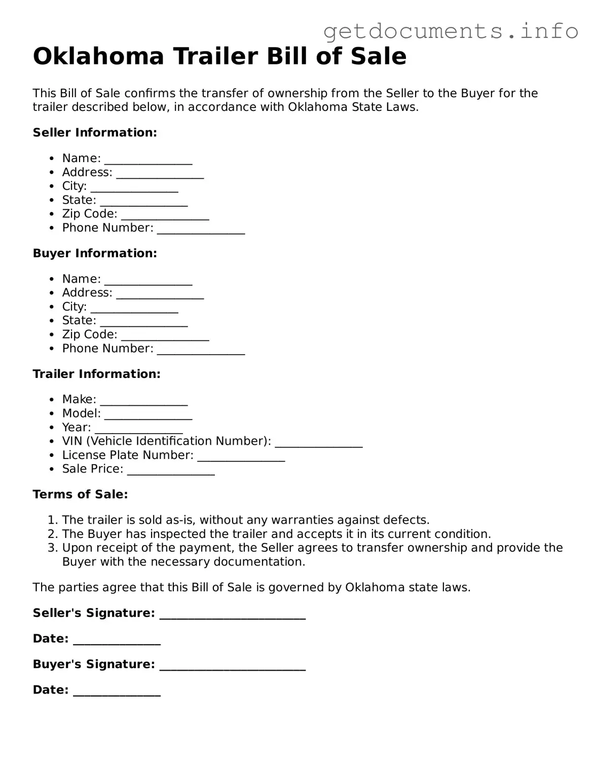 Free Trailer Bill of Sale Template for Oklahoma