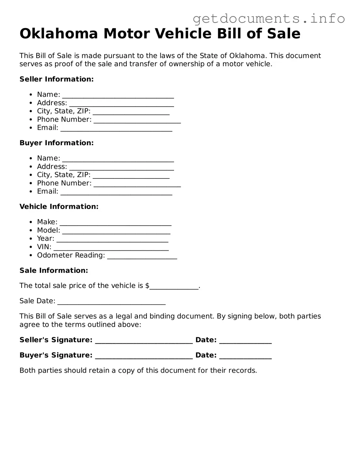 Free Motor Vehicle Bill of Sale Template for Oklahoma