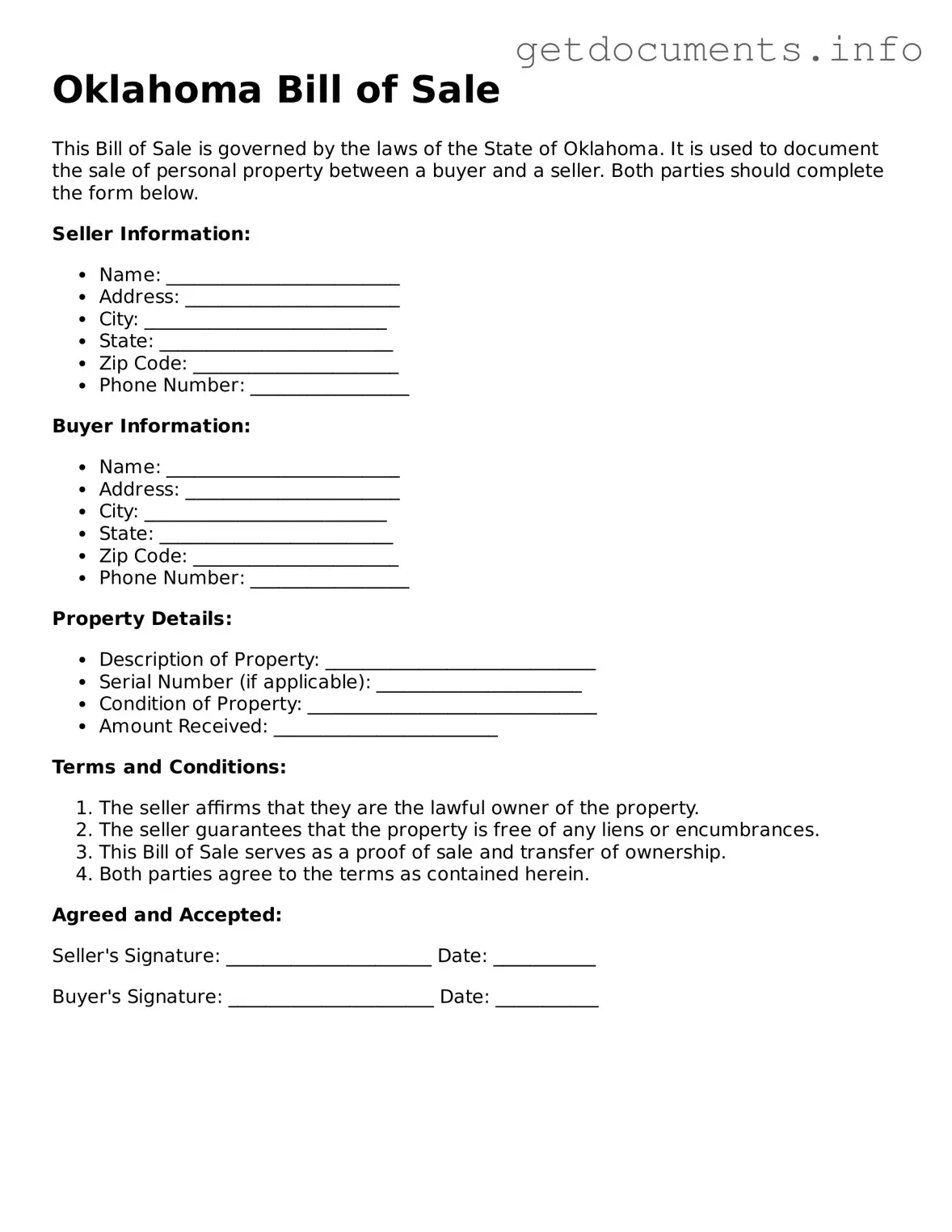 Free Bill of Sale Template for Oklahoma