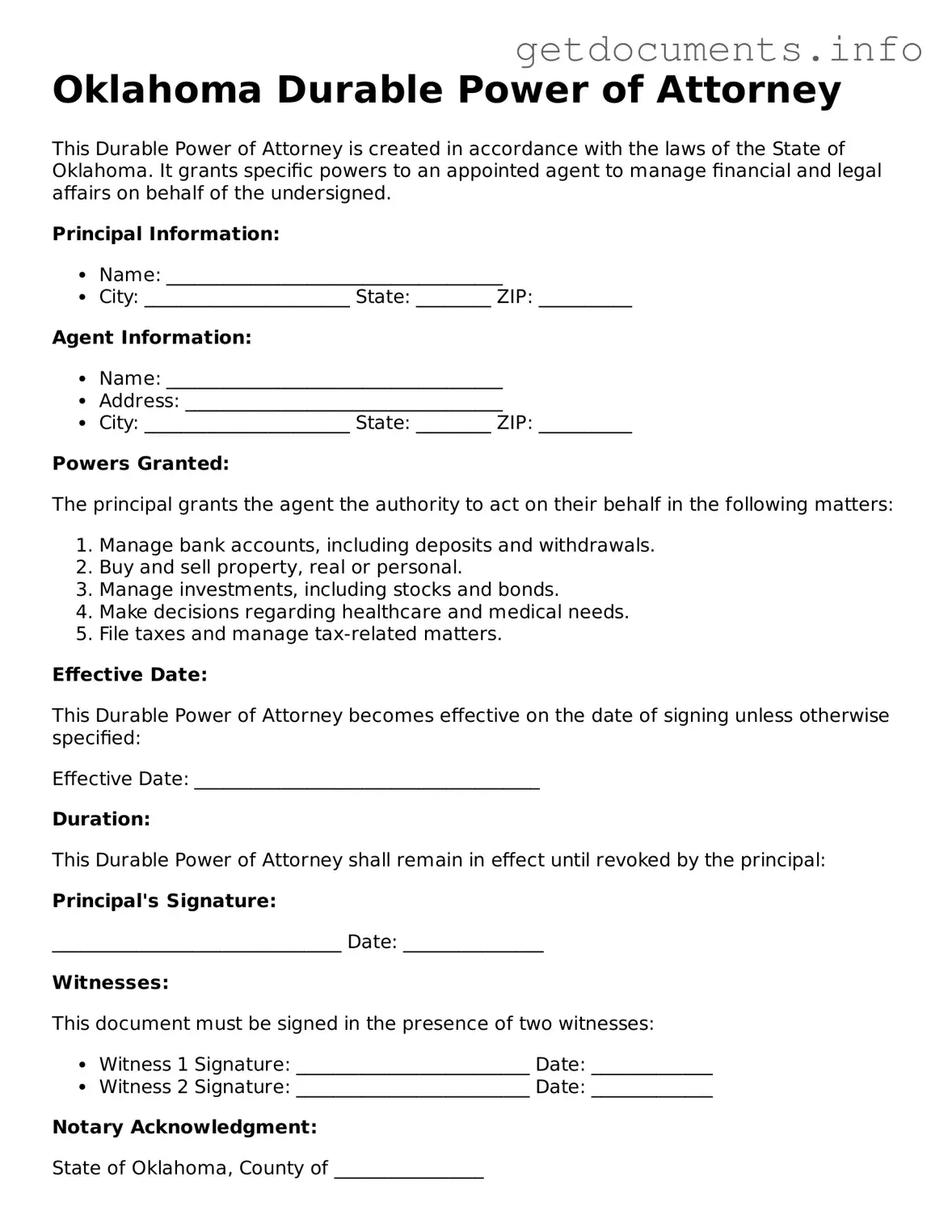 Free  Durable Power of Attorney Template for Oklahoma