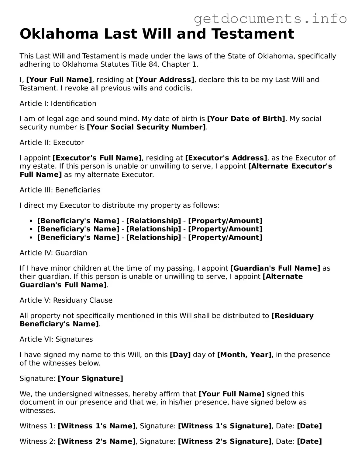 Free Last Will and Testament Template for Oklahoma
