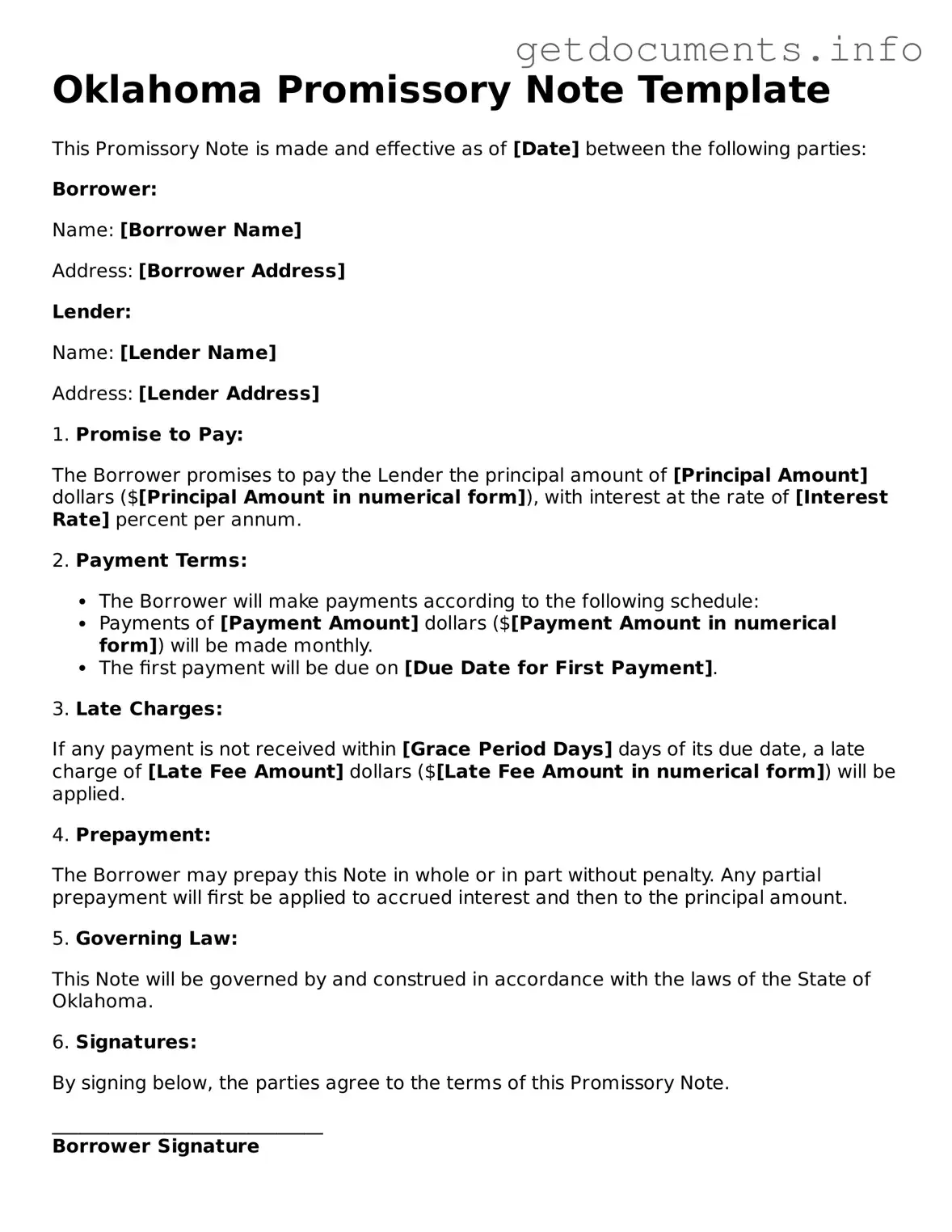 Free Promissory Note Template for Oklahoma