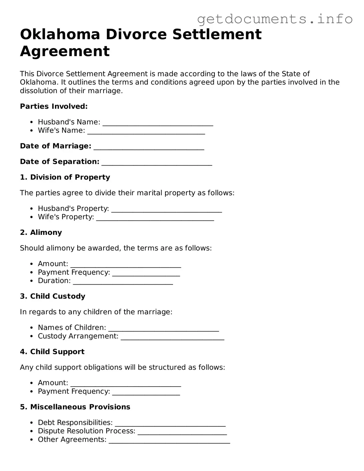Free Divorce Settlement Agreement Template for Oklahoma
