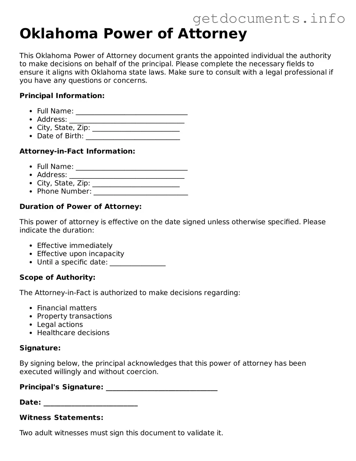 Free Power of Attorney Template for Oklahoma
