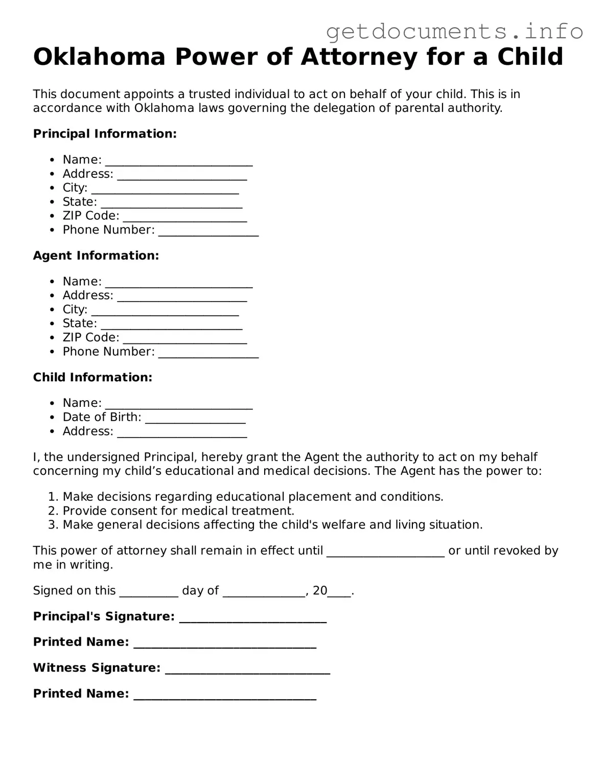 Free Power of Attorney for a Child Template for Oklahoma