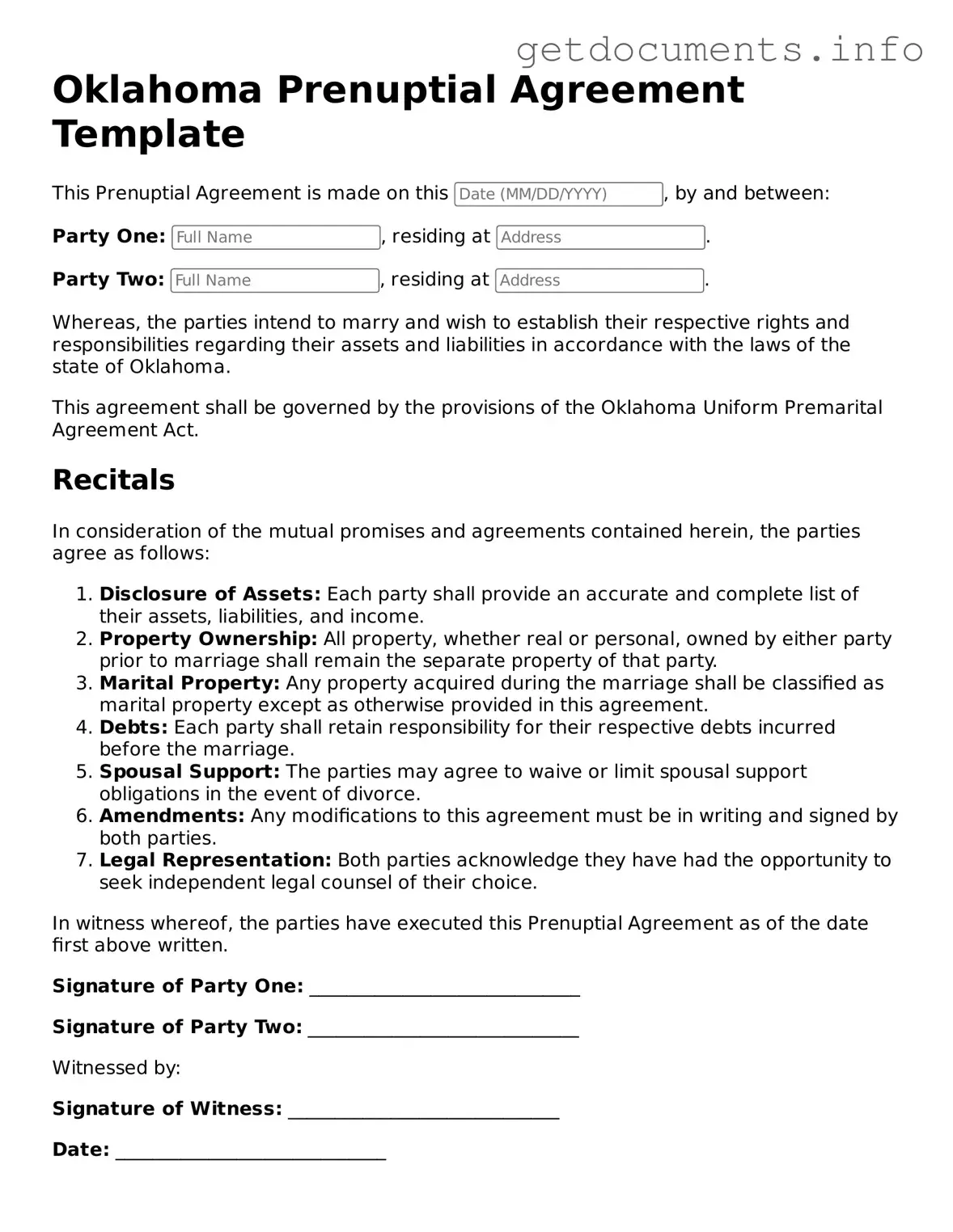 Free Prenuptial Agreement Template for Oklahoma