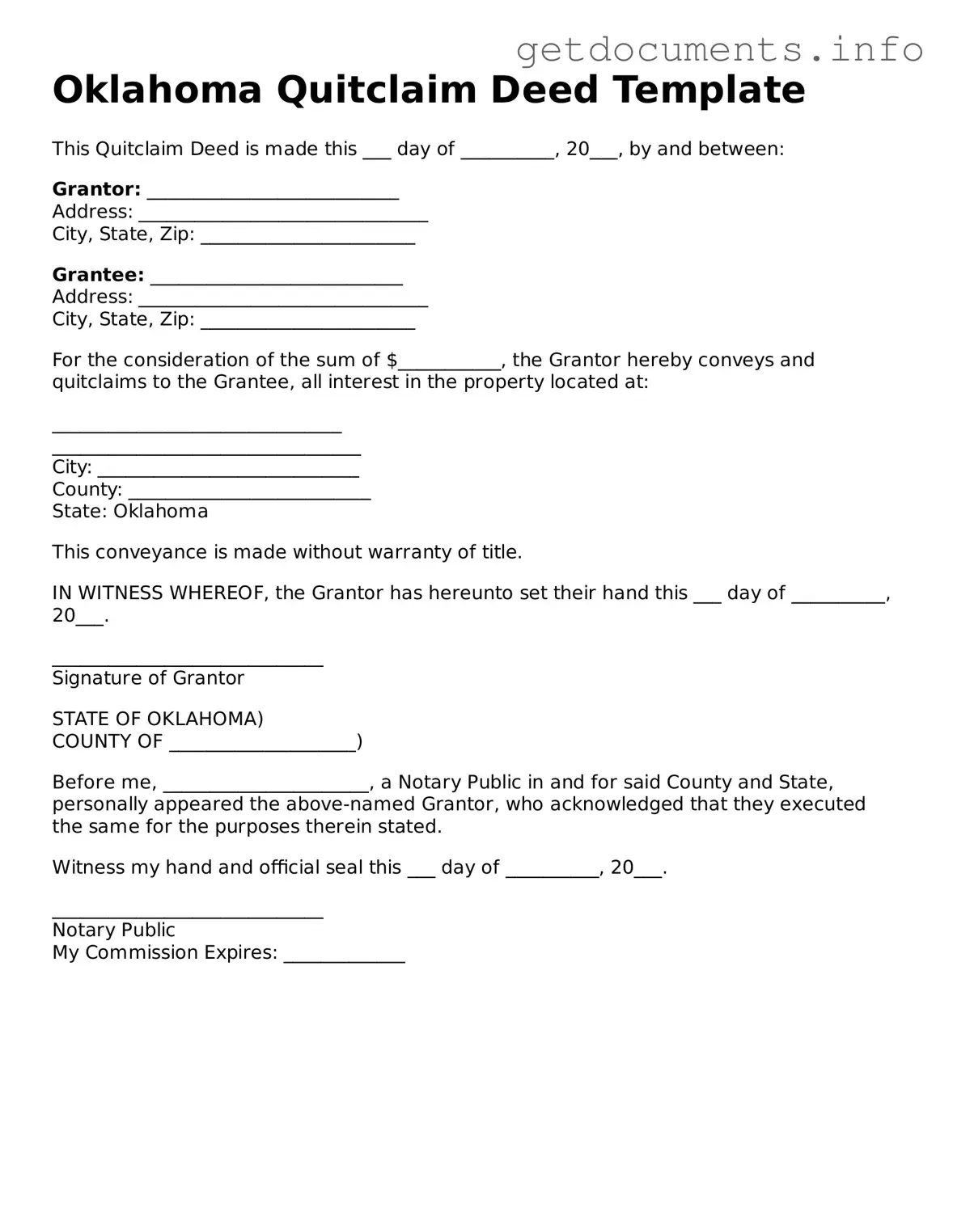 Free Quitclaim Deed Template for Oklahoma