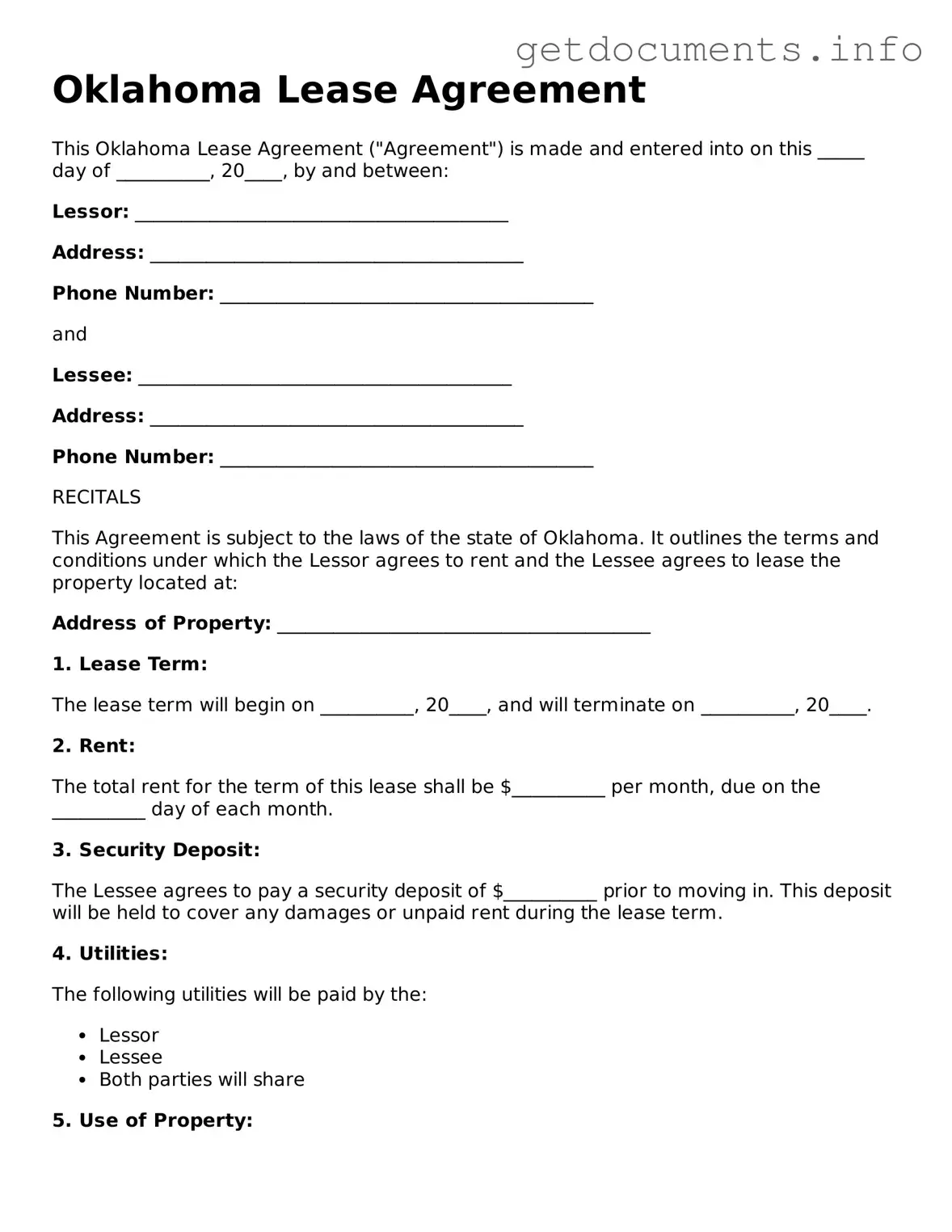 Free Lease Agreement Template for Oklahoma