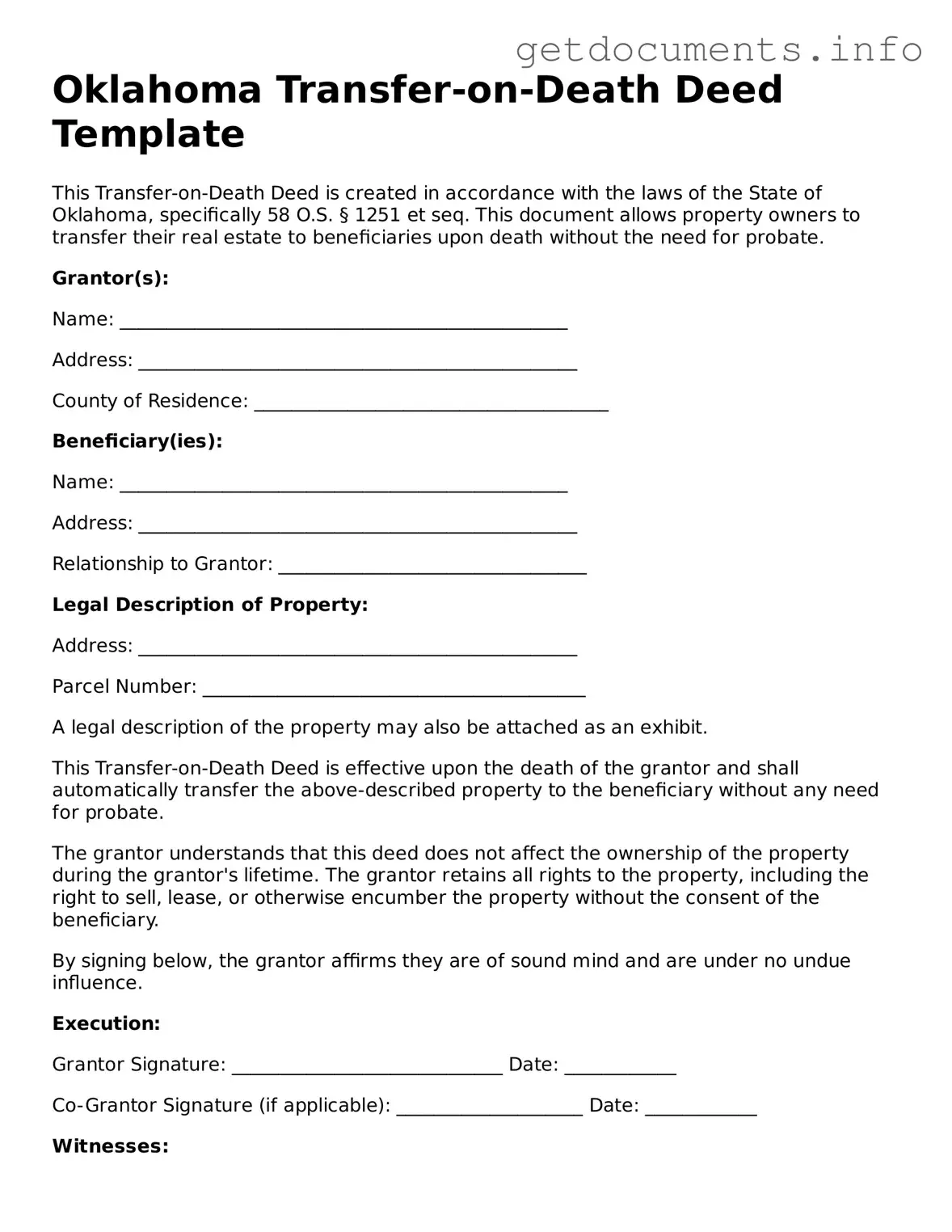 Free Transfer-on-Death Deed Template for Oklahoma