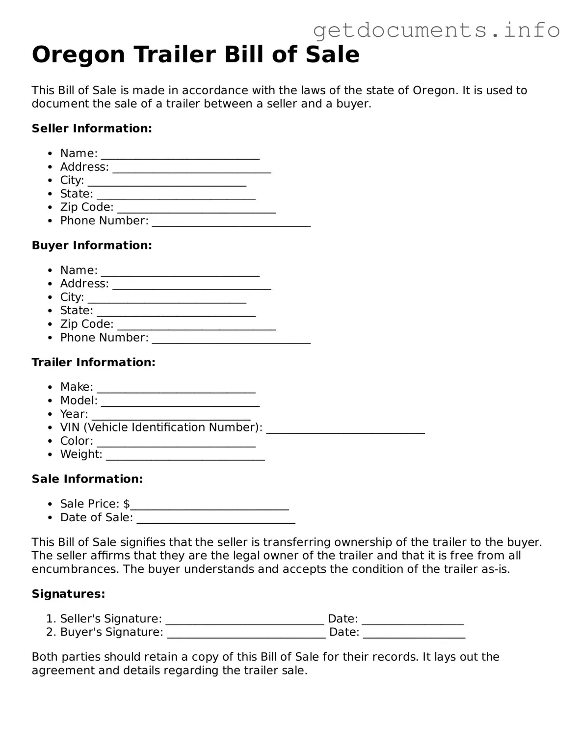 Free Trailer Bill of Sale Template for Oregon