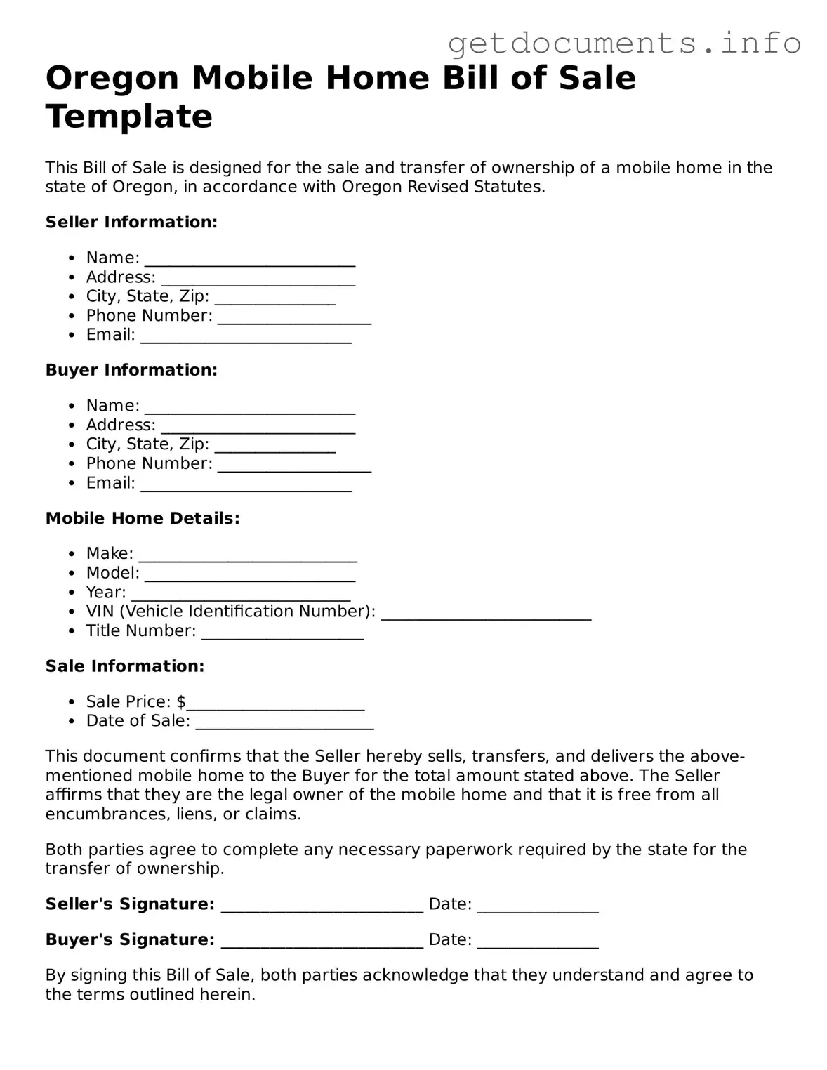 Free Mobile Home Bill of Sale Template for Oregon