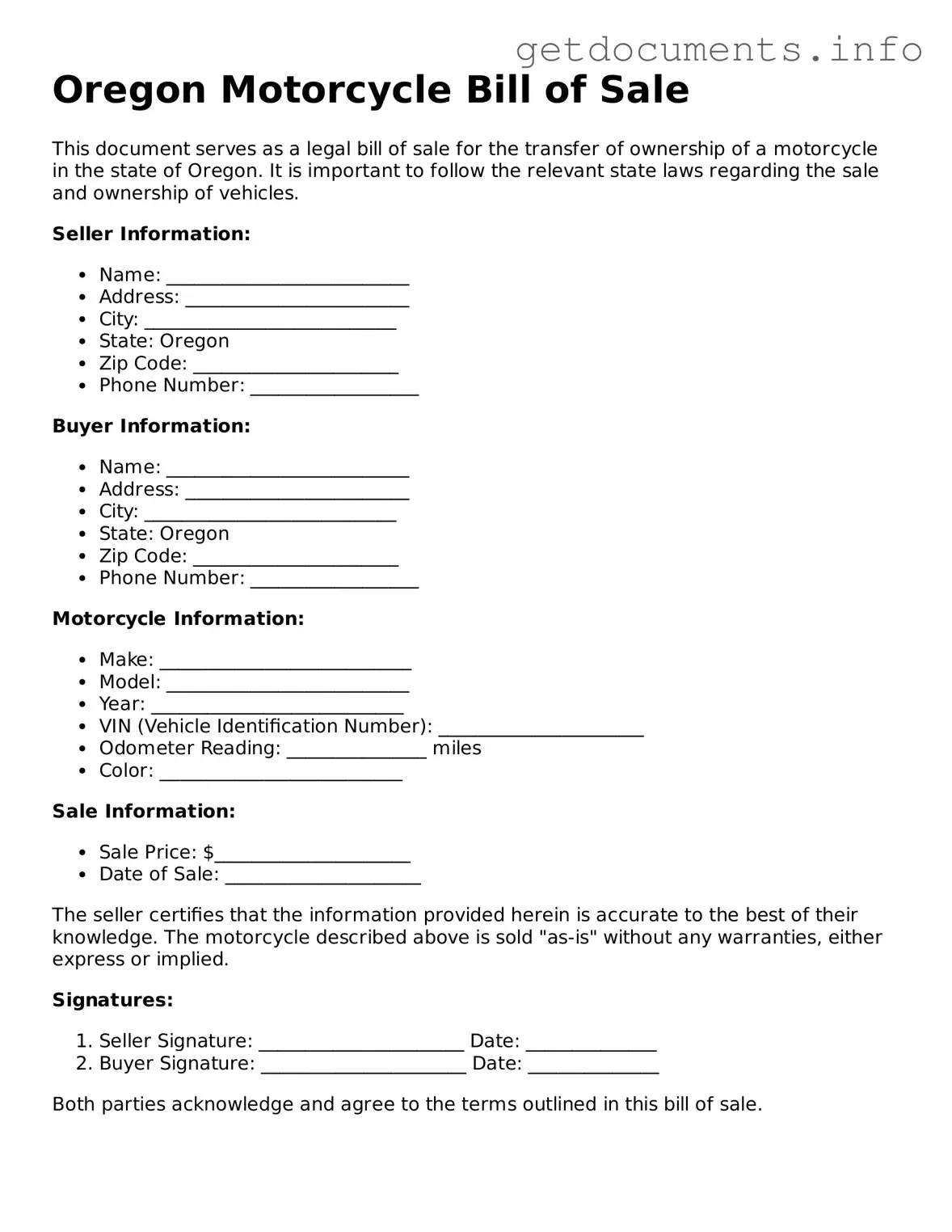 Free Motorcycle Bill of Sale Template for Oregon