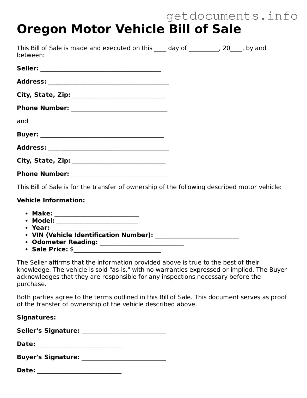 Free Motor Vehicle Bill of Sale Template for Oregon