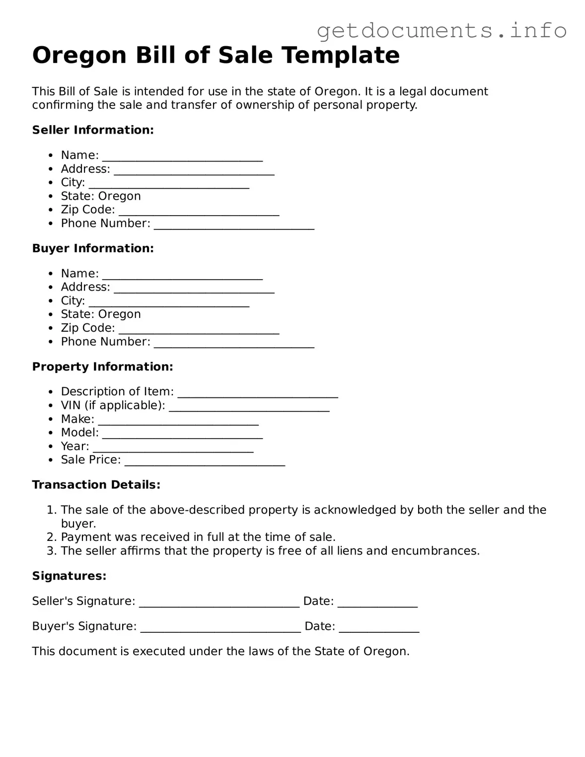 Free Bill of Sale Template for Oregon