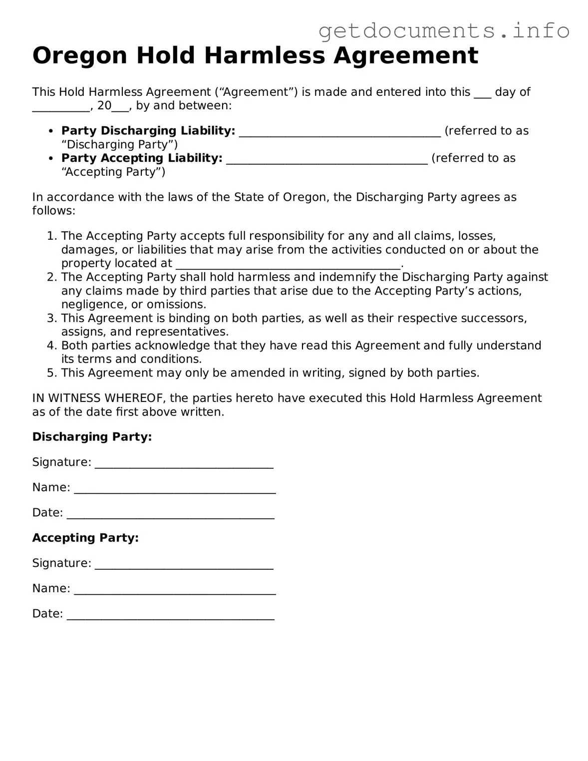 Free Hold Harmless Agreement Template for Oregon