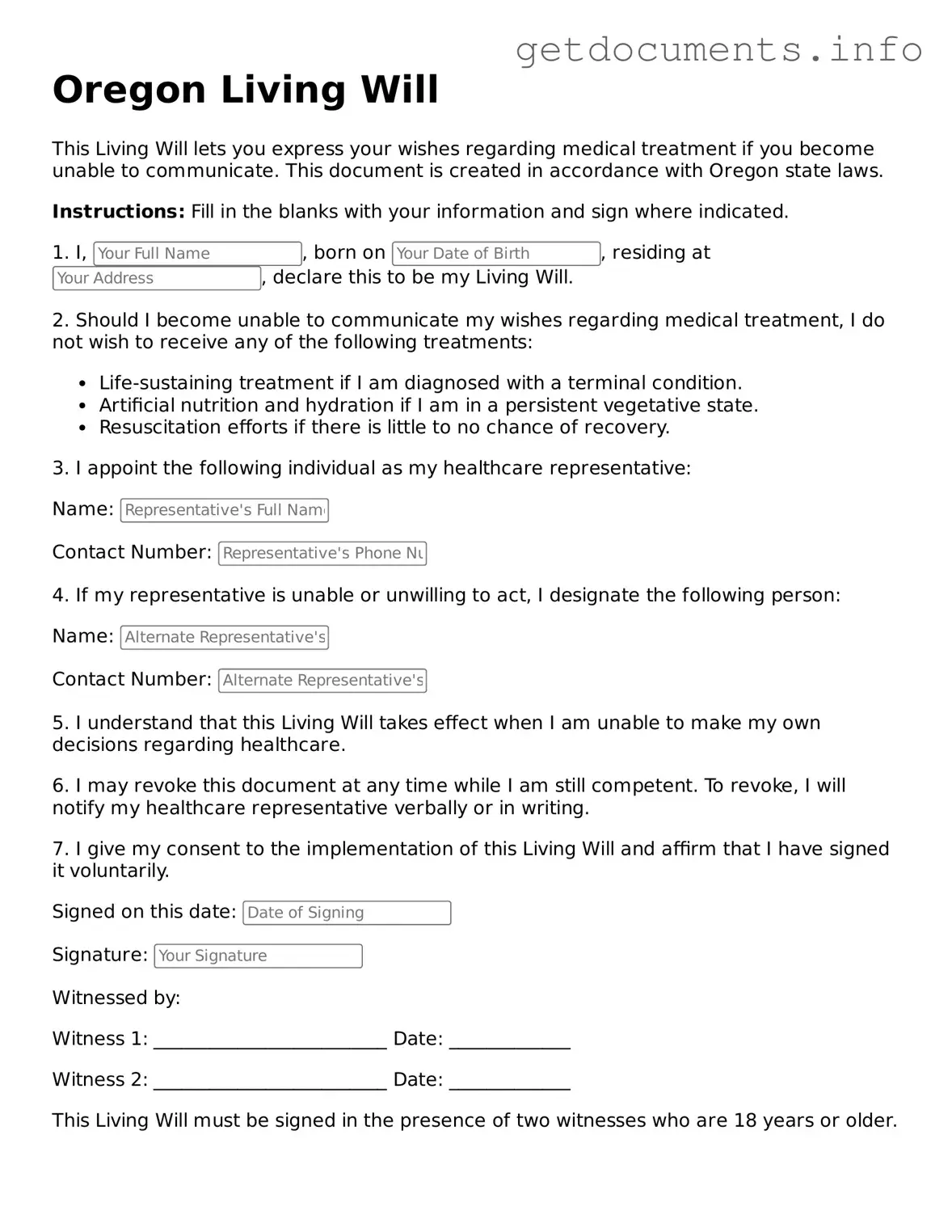 Free  Living Will Template for Oregon