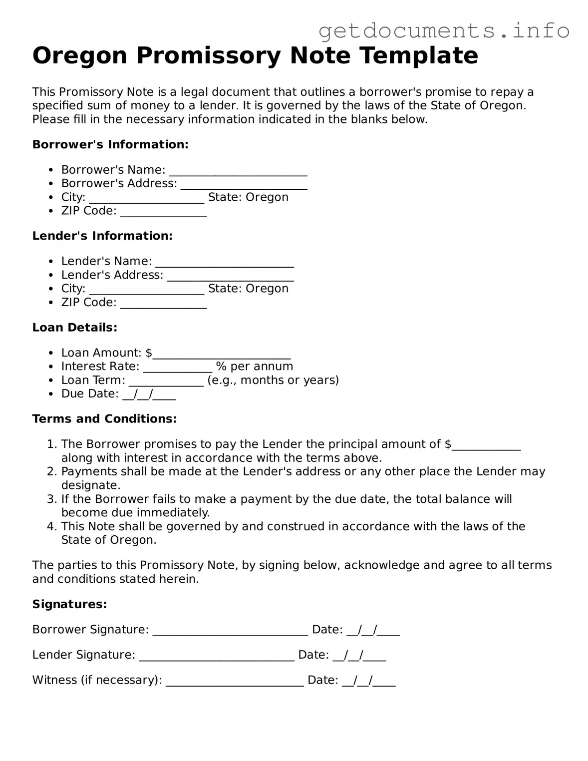 Free Promissory Note Template for Oregon