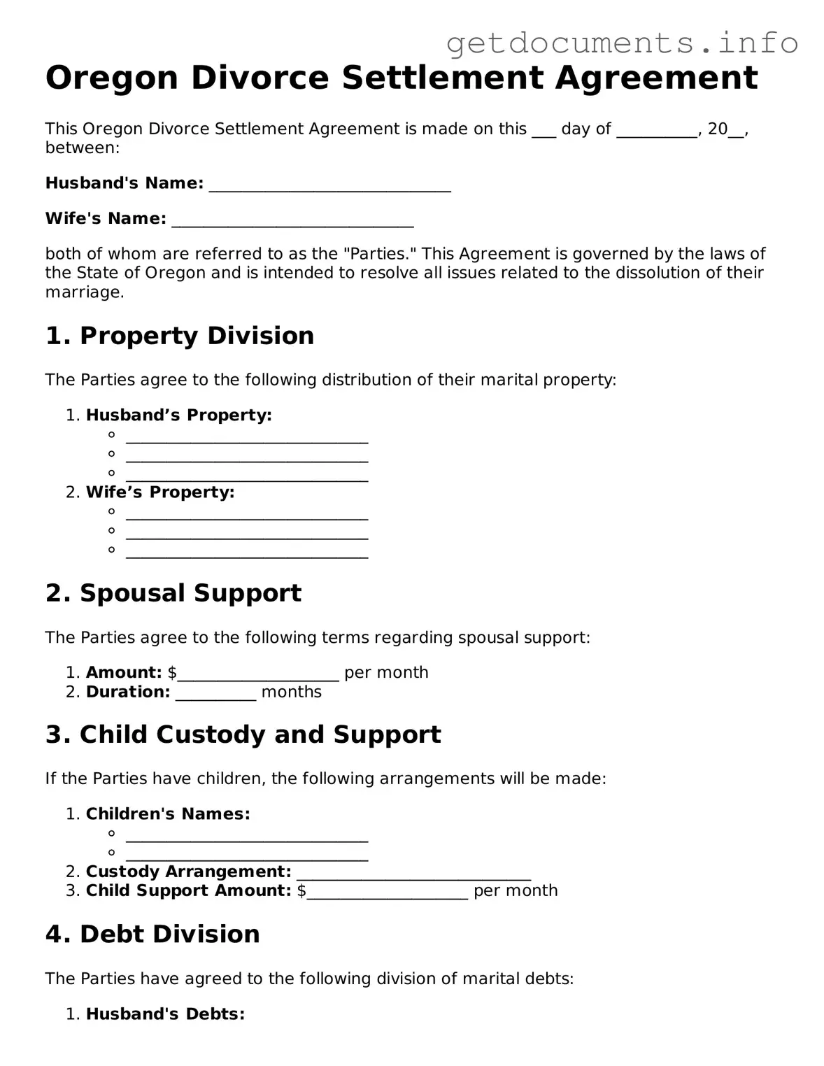 Free  Divorce Settlement Agreement Template for Oregon