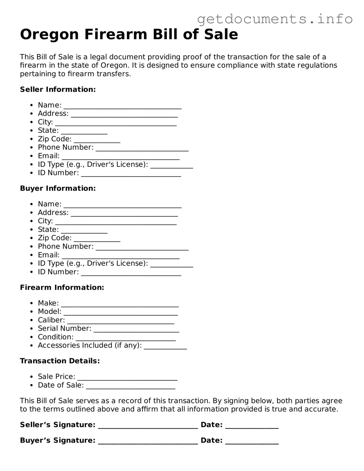 Free Firearm Bill of Sale Template for Oregon